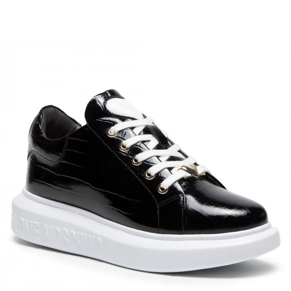 Damenschuhe LOVE MOSCHINO Schwarze Ledersneaker mit Kroko-Print