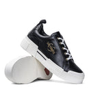 Damenschuhe LOVE MOSCHINO Plateau-Sneaker aus schwarzem Leder, Gold-Metall-Logo-Linie