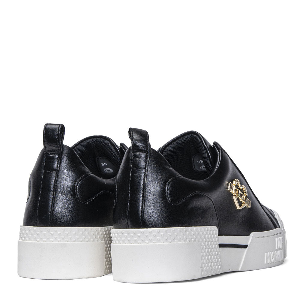 Damenschuhe LOVE MOSCHINO Plateau-Sneaker aus schwarzem Leder, Gold-Metall-Logo-Linie