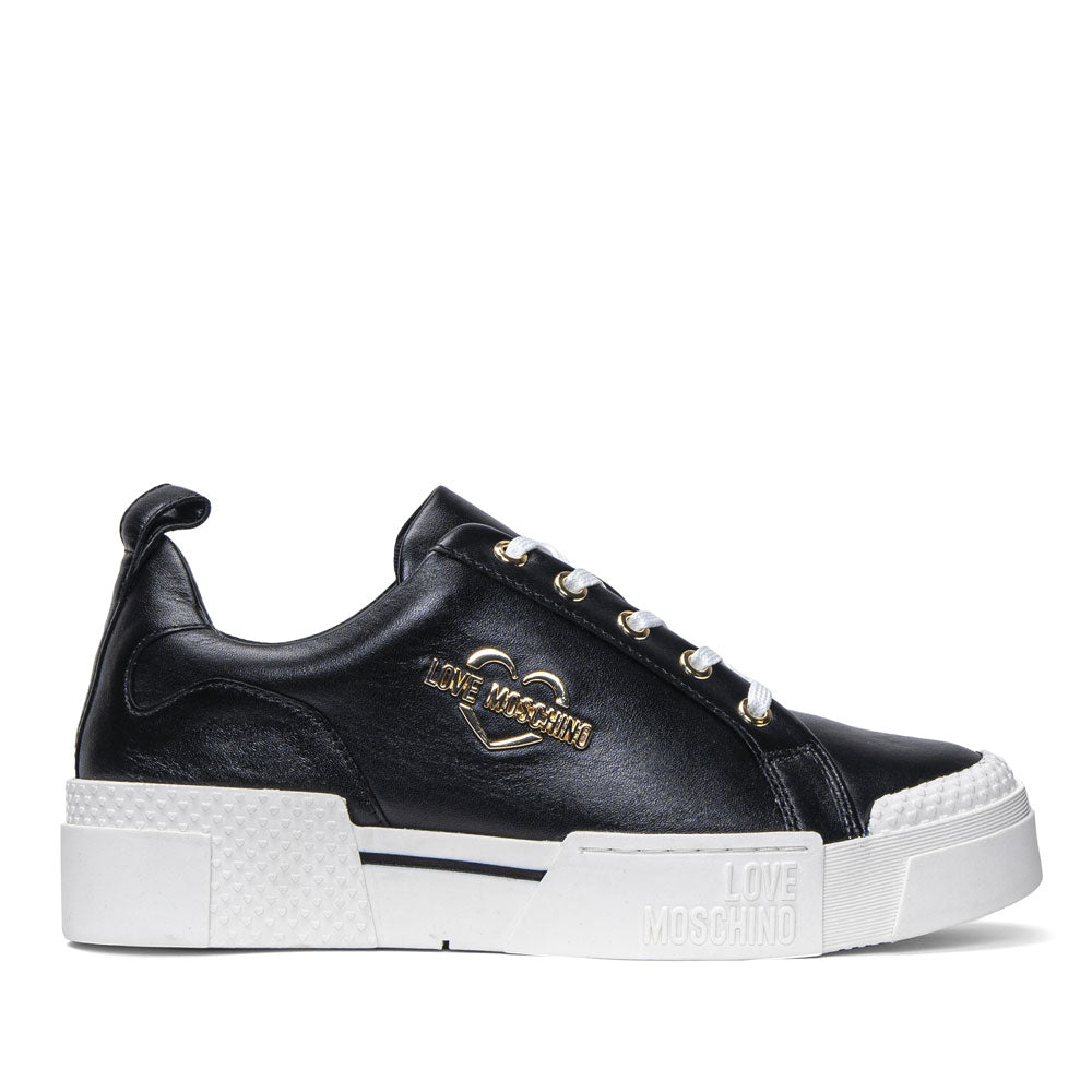 Damenschuhe LOVE MOSCHINO Plateau-Sneaker aus schwarzem Leder, Gold-Metall-Logo-Linie