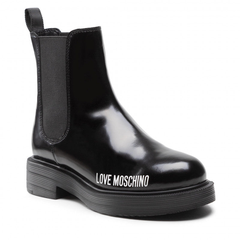 Damenschuhe LOVE MOSCHINO Beatles Stiefeletten aus schwarzem glänzendem Leder