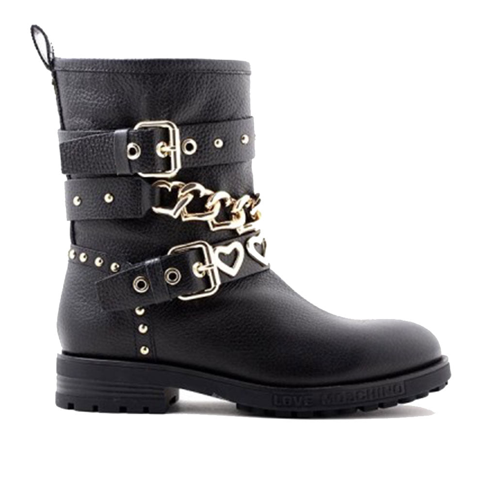 Scarpe Donna LOVE MOSCHINO Stivaletti Biker in Pelle Nera con Catena e Borchie Oro