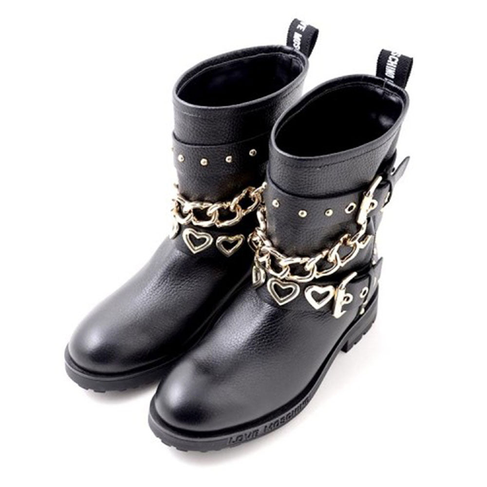 Scarpe Donna LOVE MOSCHINO Stivaletti Biker in Pelle Nera con Catena e Borchie Oro