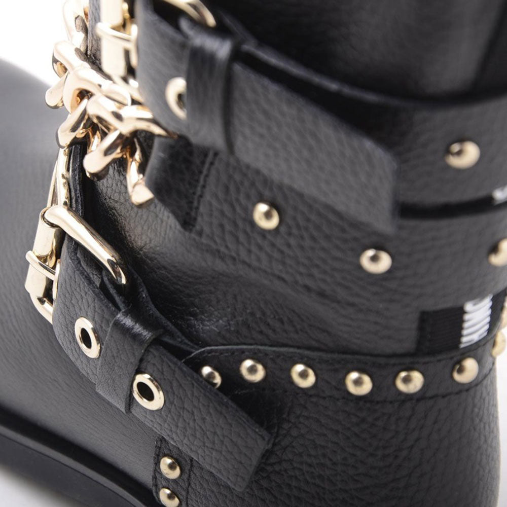 Scarpe Donna LOVE MOSCHINO Stivaletti Biker in Pelle Nera con Catena e Borchie Oro