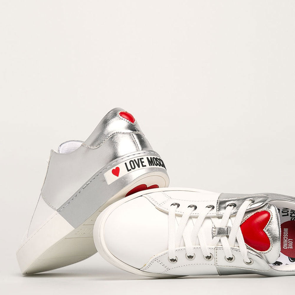 Sneakers Donna Love Moschino in Pelle Bicolor Bianco e Silver