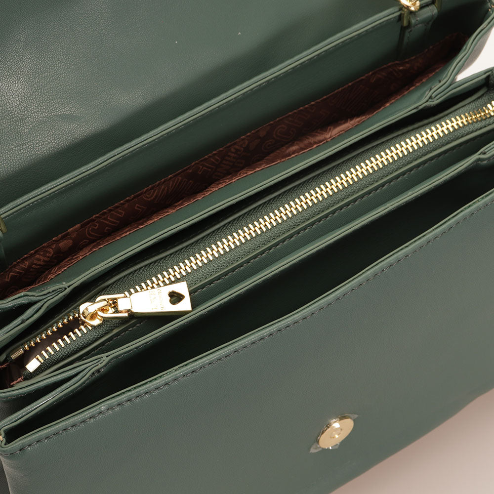 LOVE MOSCHINO Damen-Umhängetasche mit Schleife, glänzende Stepplinie, Flaschengrün