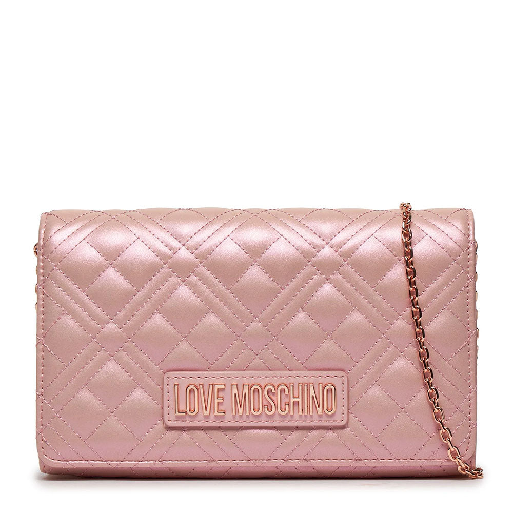 Damen-Clutch mit Schultergurt LOVE MOSCHINO Shiny Quilted-Linie, Roségold-Laminatfarbe