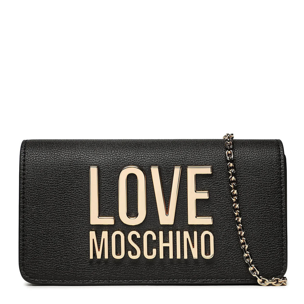 Mini-Clutch mit Schultergurt LOVE MOSCHINO Gold Metal Logo-Linie, schwarze Farbe JC5610