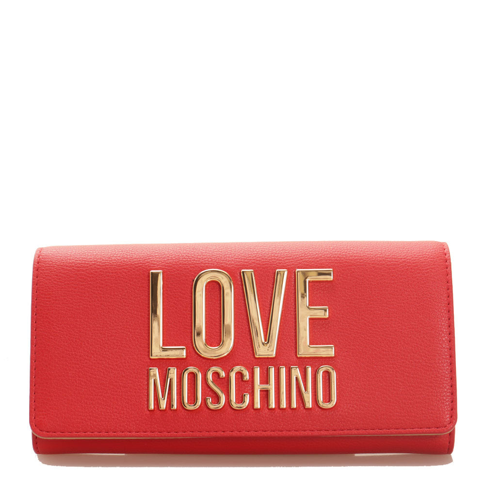 Mittelgroße Damenbrieftasche mit LOVE MOSCHINO Button Gold Metal Line Red Logo