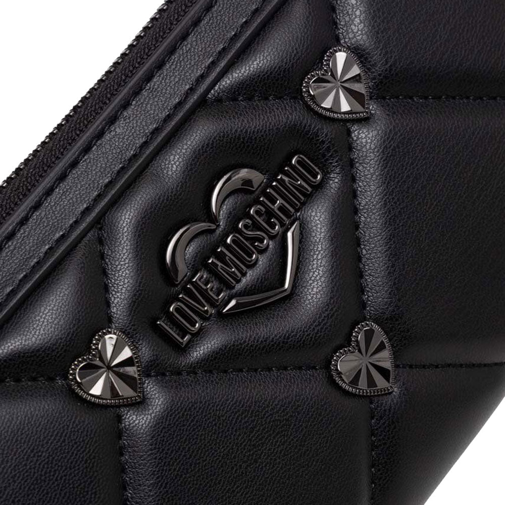 LOVE MOSCHINO Damen-Geldbörse mit Rundum-Reißverschluss, Jewel Hearts-Linie, Schwarz mit Gunmetal-Nieten