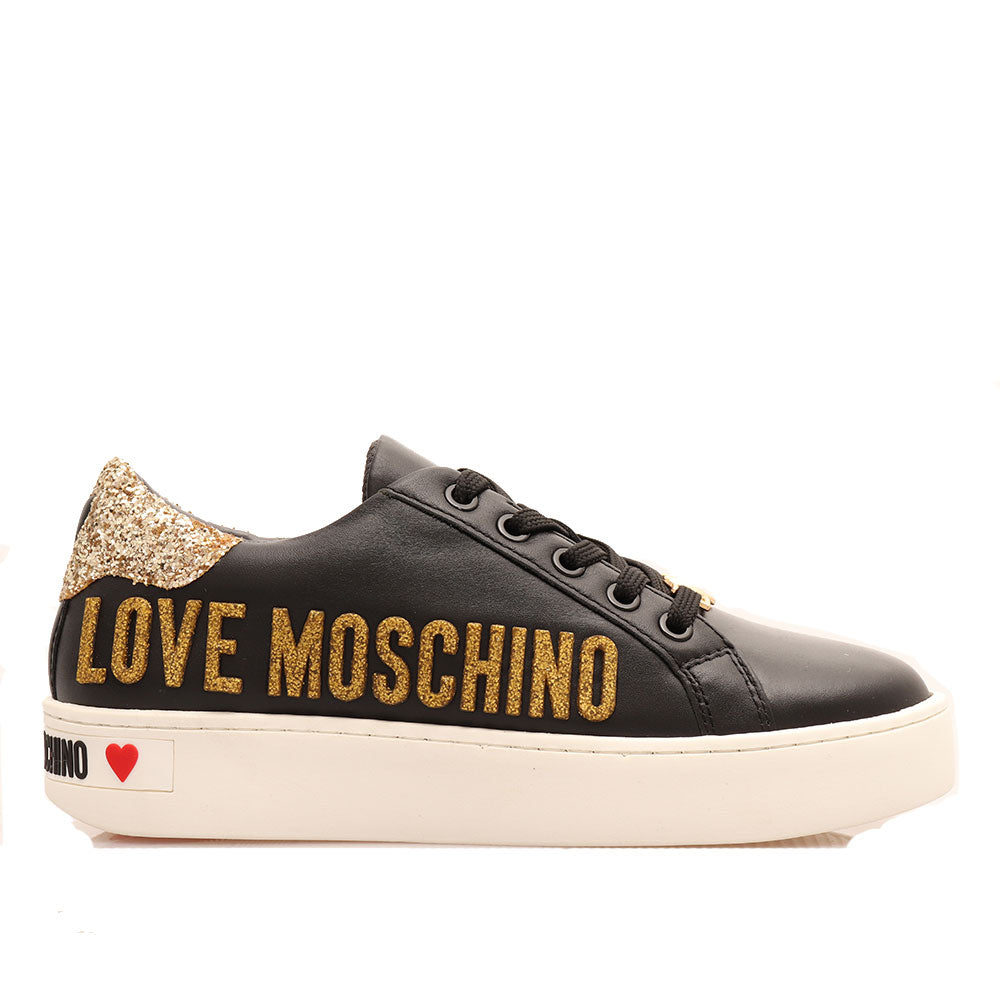Scarpe Donna LOVE MOSCHINO Sneakers in Pelle Nera con Glitter Oro