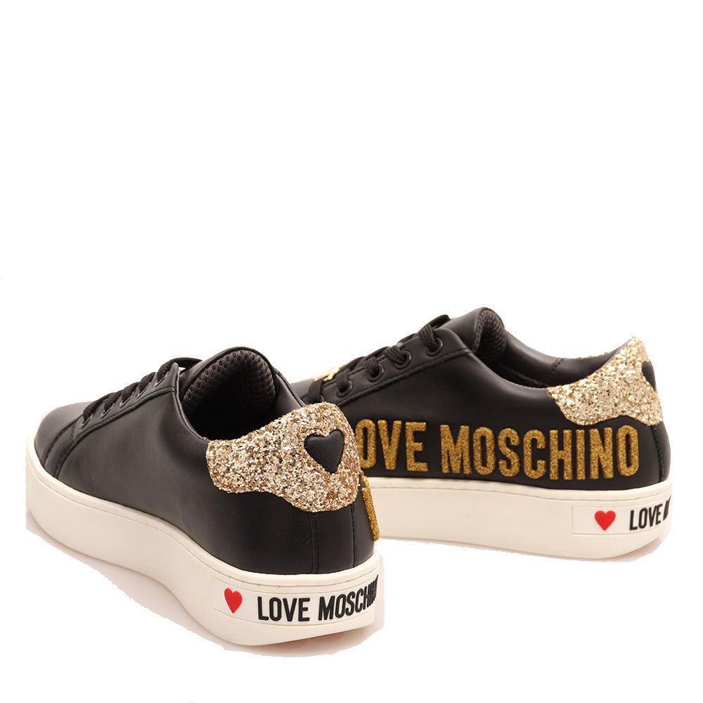 Scarpe Donna LOVE MOSCHINO Sneakers in Pelle Nera con Glitter Oro