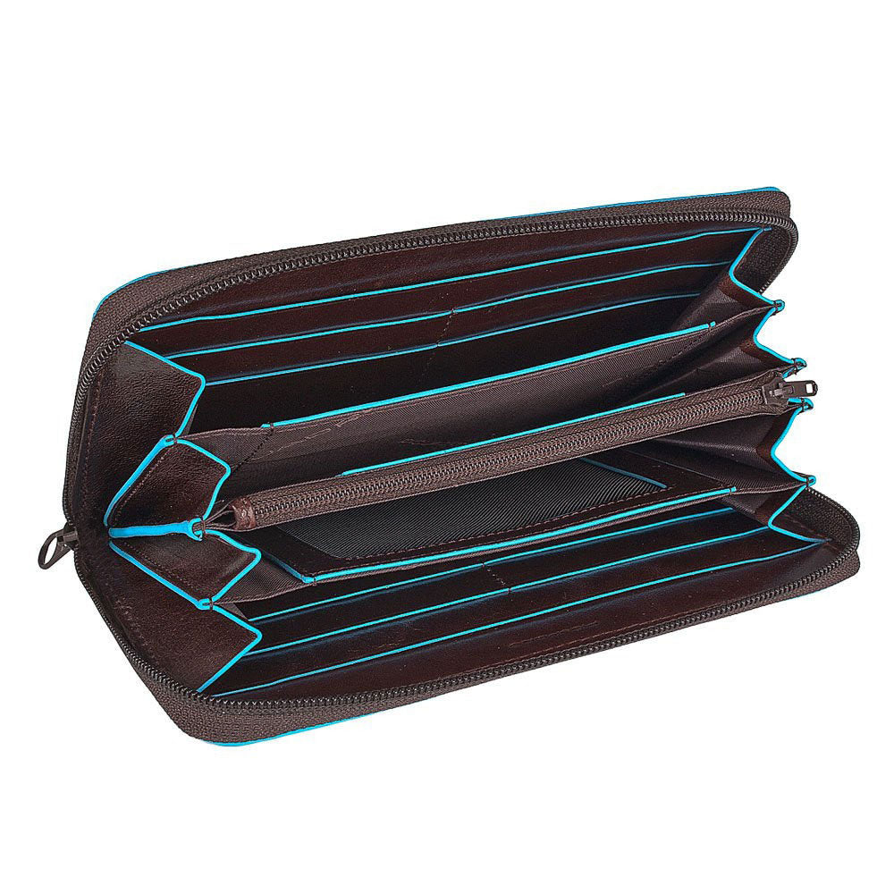 Cartera Piquadro Unisex De Piel - 18 Cm, Color Marrón Mogano, 12 Ranuras Tarjetas, Dos Compartimentos, Portamonedas