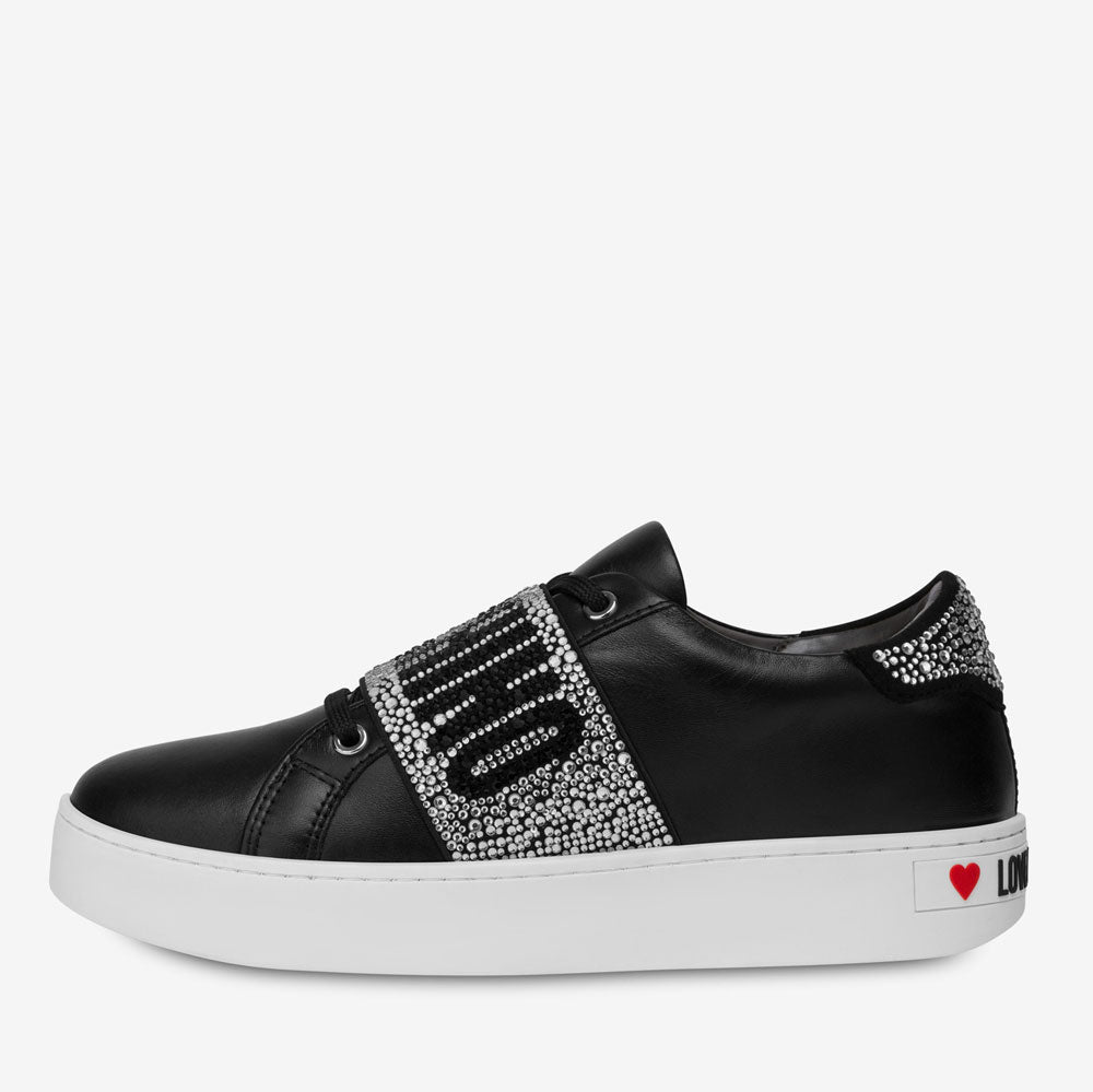 Scarpe Donna LOVE MOSCHINO Sneakers in Pelle Nera linea Crystal Band