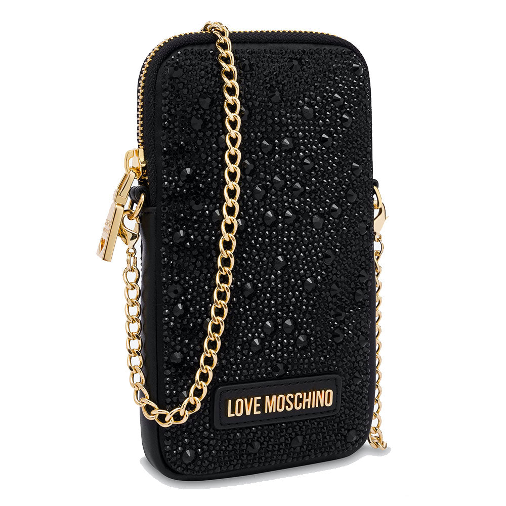 Handyhalter mit Strasssteinen mit Schultergurt LOVE MOSCHINO Gift Capsule-Linie, Farbe Schwarz