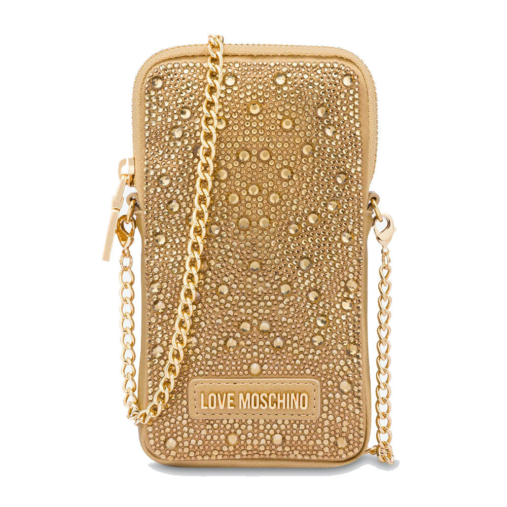 Strass-Handyhalter mit Schultergurt LOVE MOSCHINO Gift Capsule-Linie, Farbe Gold