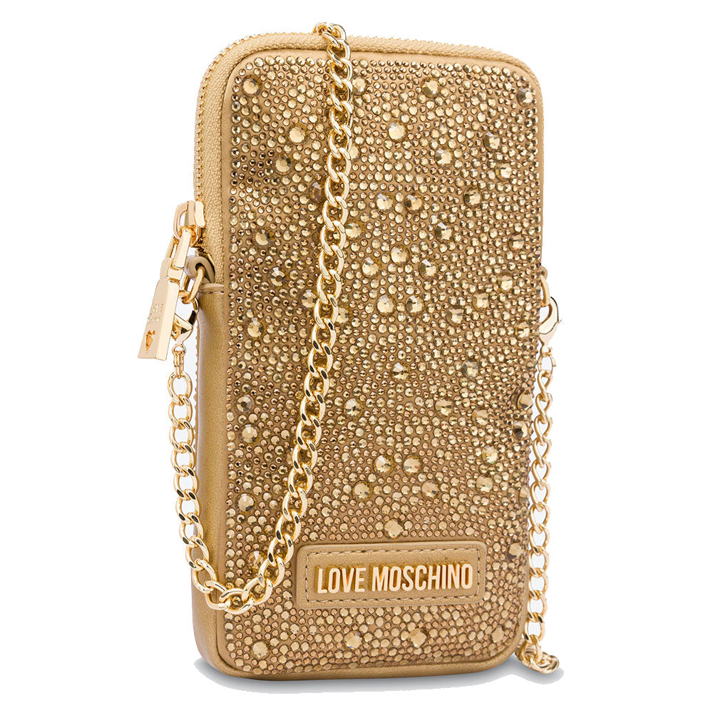 Strass-Handyhalter mit Schultergurt LOVE MOSCHINO Gift Capsule-Linie, Farbe Gold