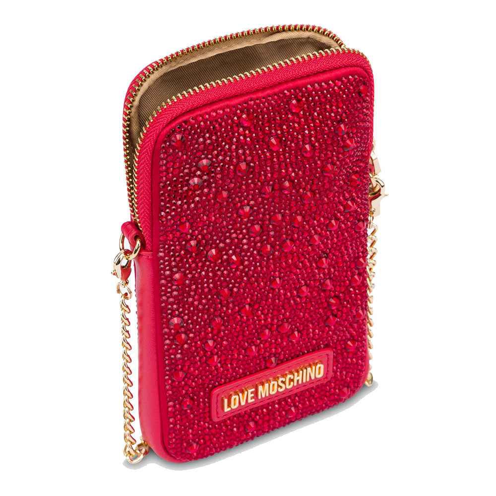 Handyhalter mit Strasssteinen und Schultergurt LOVE MOSCHINO Gift Capsule-Linie in Rot