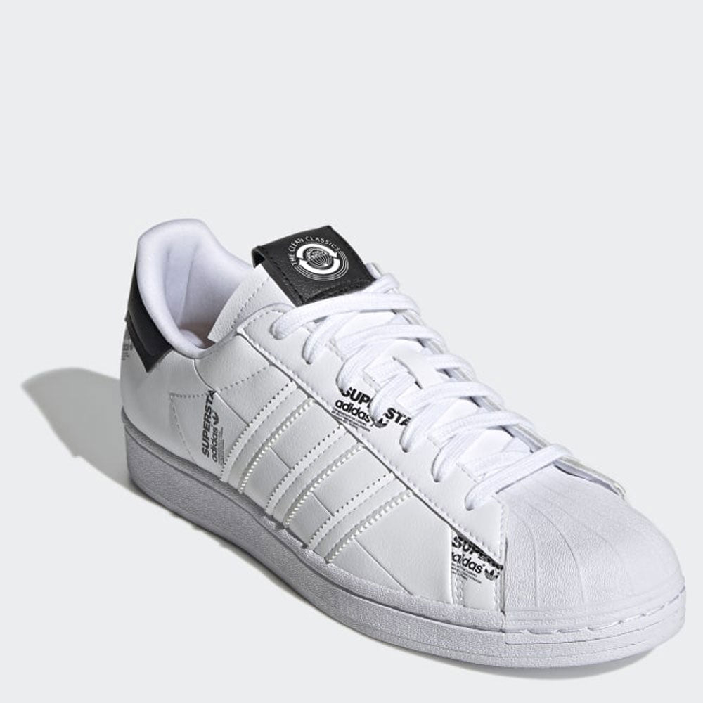 Scarpe Uomo ADIDAS Sneakers linea Superstar in Pelle Sintetica colore Bianco e Nero con Scritte Laterali