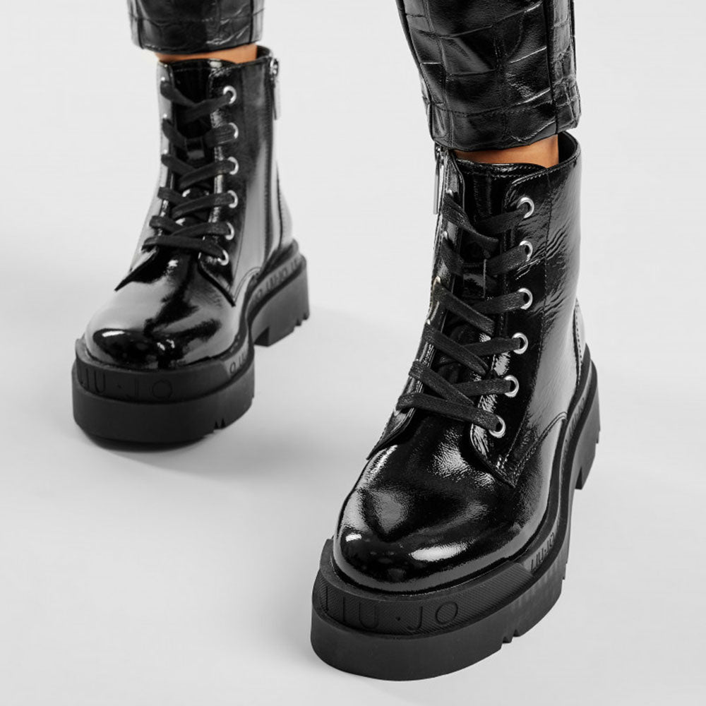 Scarpe Donna LIU JO Stivaletti Anfibi in Pelle Lucida Nero a