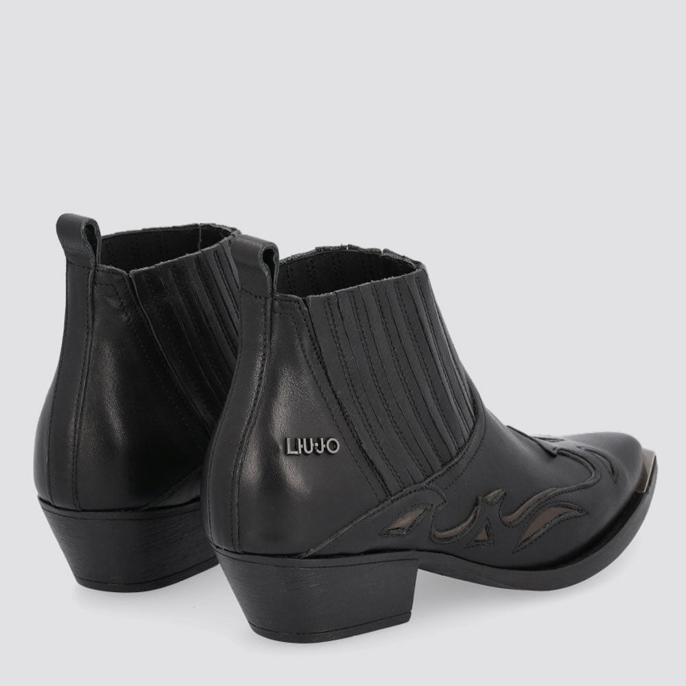 Damenschuhe LIU JO Texan Ankle Boots aus schwarzem Leder und Details in Metallic-Grau