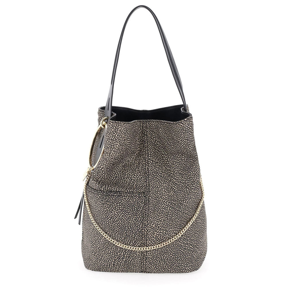 BORBONESE Damen-Umhängetasche Etoile Medium aus Jet Op Nylon, Natur und Schwarz