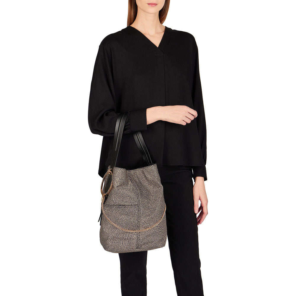 BORBONESE Damen-Umhängetasche Etoile Medium aus Jet Op Nylon, Natur und Schwarz