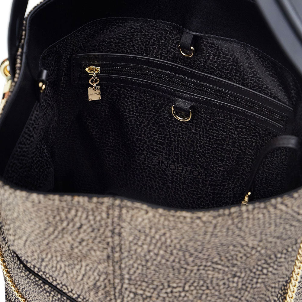 BORBONESE Damen-Umhängetasche Etoile Medium aus Jet Op Nylon, Natur und Schwarz