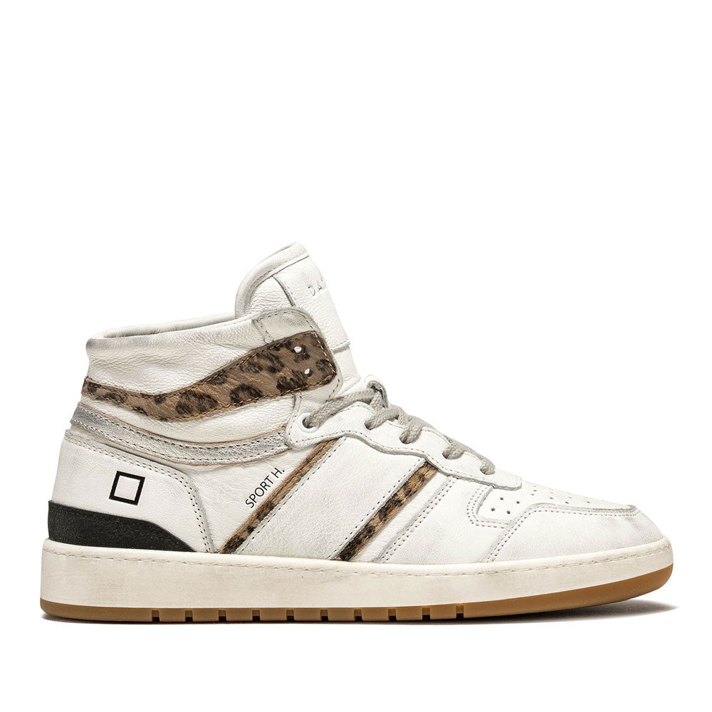Scarpe Donna D.A.T.E. Sneakers Alte linea Sport High Vintage Calf colore Bianco e Leopardato